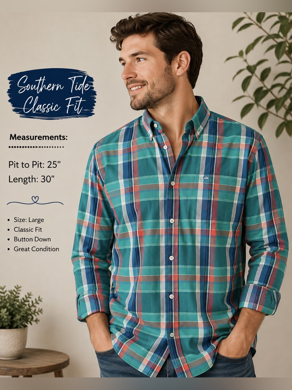 Southern Tide Teal and Navy Plaid Button-Down Shirt